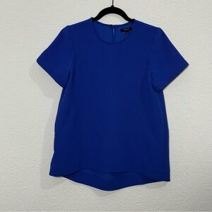 Madewell Women Bright Blue Solid Cap Sleeve Blouse Crew Neck Pleated Top S